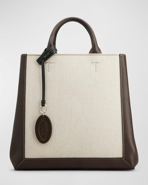 Tod's Natural Medium Double Up Leather And Canvas Shopping Bag
