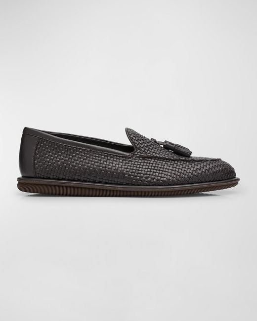 Giorgio Armani Black Woven Leather Tassel Loafers for men