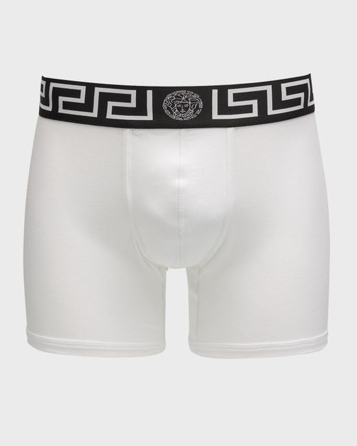 Versace White Greca Border Long Boxer Trunks for men