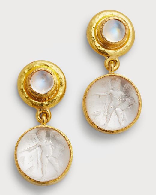 Elizabeth Locke Metallic 19k Venetian Glass Intaglio Swinging Earrings With Round 5mm Cabochon Stone