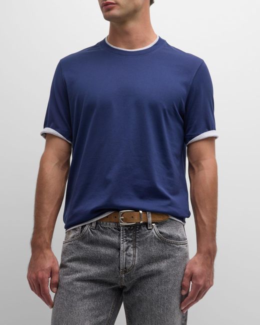 Brunello Cucinelli Blue Crewneck T-Shirt With Faux-Layering for men