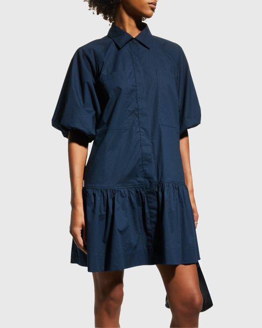 Jonathan Simkhai Blue Chrissy Puff-sleeve Cotton Poplin Mini Shirtdress
