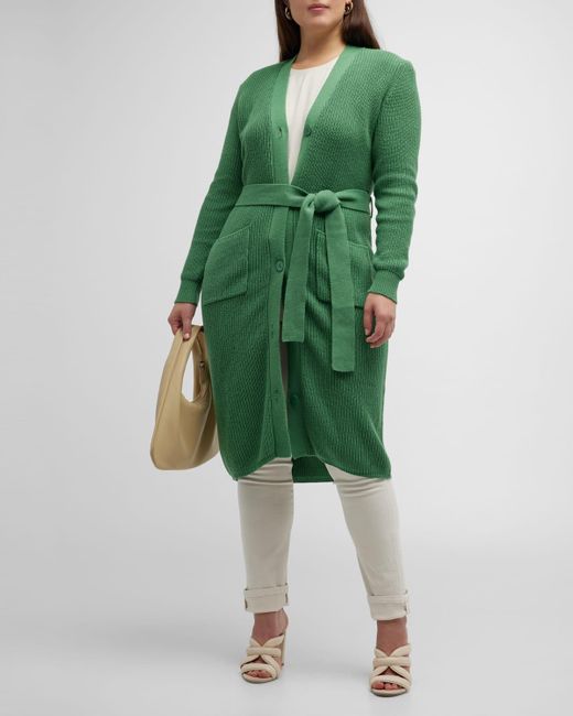 Minnie Rose Plus Green Ribbed Belted Cotton-Cashmere Cardigan