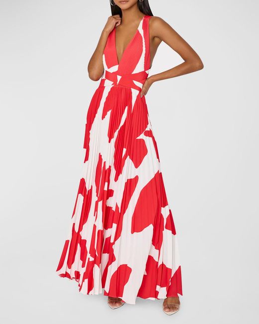 MILLY Red Oria Pleated Deep V-Neck Gown