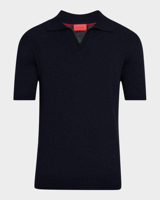 Isaia Blue Cashmere And Silk Johnny-Collar Polo Sweater for men