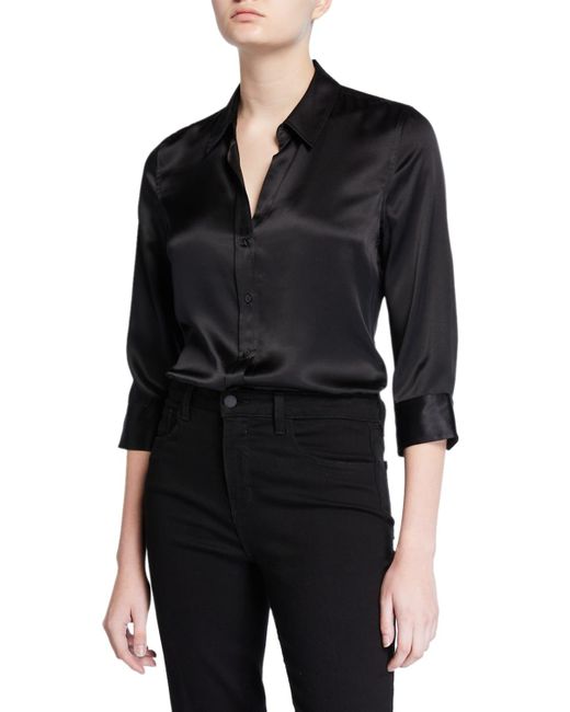L'Agence Black Dani Silk Satin 3/4-sleeve Button-down Blouse