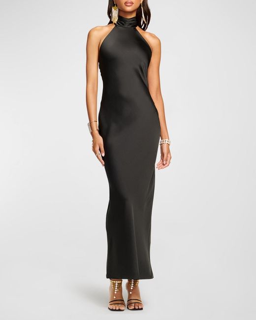 Ramy Brook Black Tatiana Low-Cut Halter Column Gown