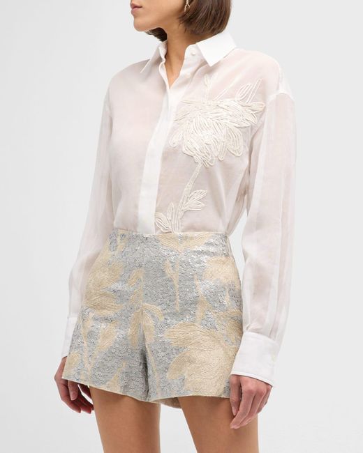 Brunello Cucinelli White Crispy Silk Button-Front Blouse With Raffia Magnolia Embroidery