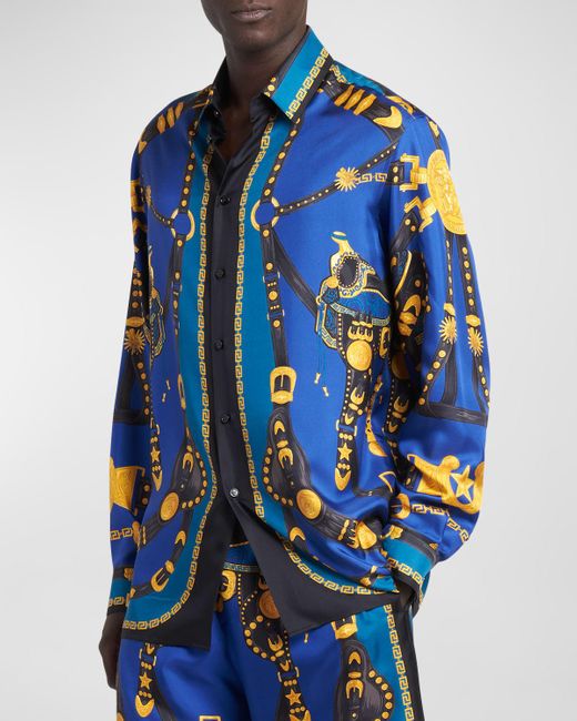 Versace Blue Medusa Harness-print Silk Sport Shirt for men