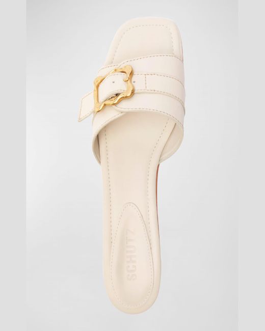 SCHUTZ SHOES White Wavy Leather Buckle Slide Sandals