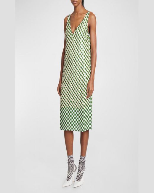 Dries Van Noten Green Debbie Plunging Sequin Checker-print Sleeveless Midi Dress