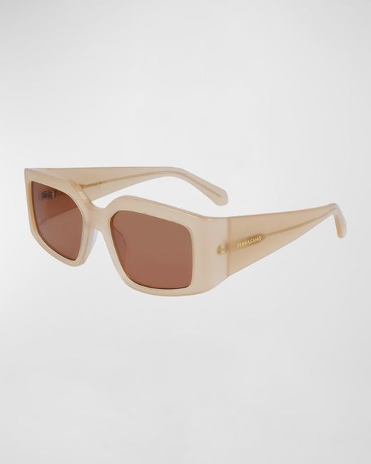 Ferragamo White Micro-logo Acetate Rectangle Sunglasses