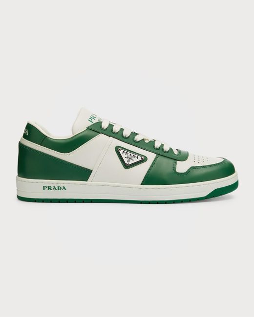 Prada Green Low-top Leather Downtown Sneakers W/ Logo Plaqué for men