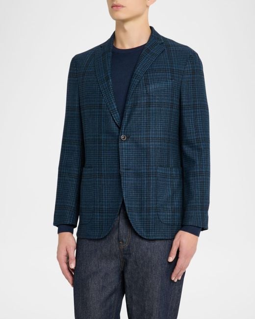 Boglioli Blue Apos;S Plaid Wool-Blend Two-Button Blazer for men