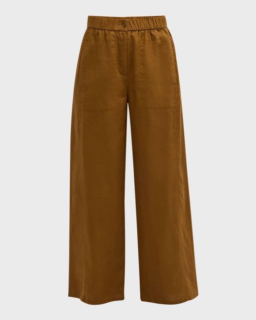 Eileen Fisher Brown Cropped Wide-Leg Organic Linen Pants