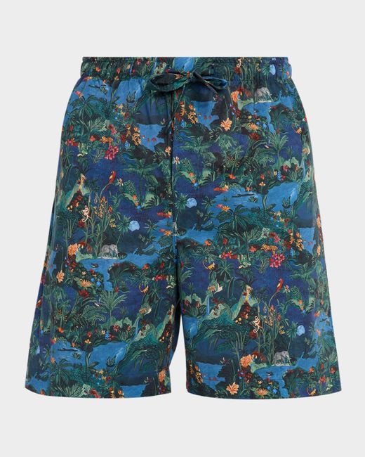Derek Rose Blue Cotton Batiste Jungle Print Lounge Shorts for men
