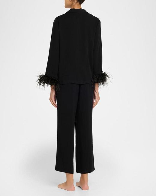 Sleeper Black Cropped Feather-Cuff Viscose Pajama Set