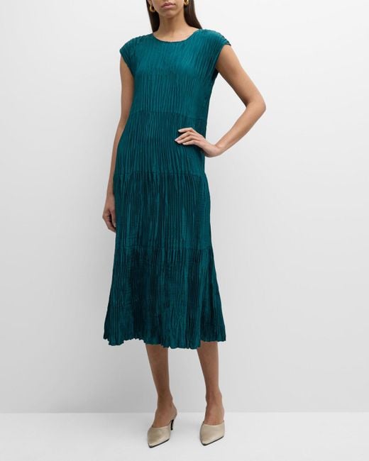 Eileen Fisher Blue Petite Tiered A-Line Crinkled Silk Midi Dress