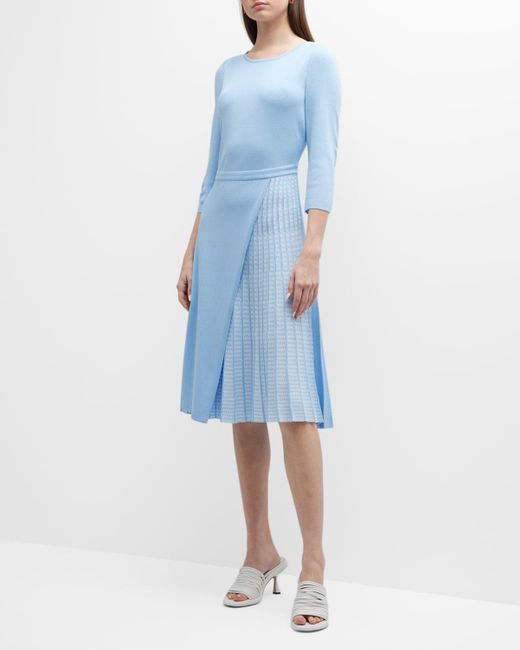Misook Blue Pleated Short-Sleeve Knit Midi Dress
