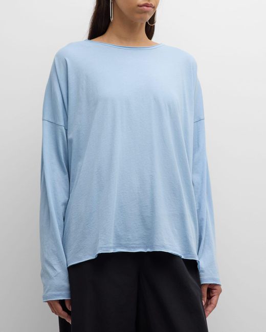 Eskandar Blue Long Sleeve Double Edge Scoop Neck Shirt (Mid Plus Length)