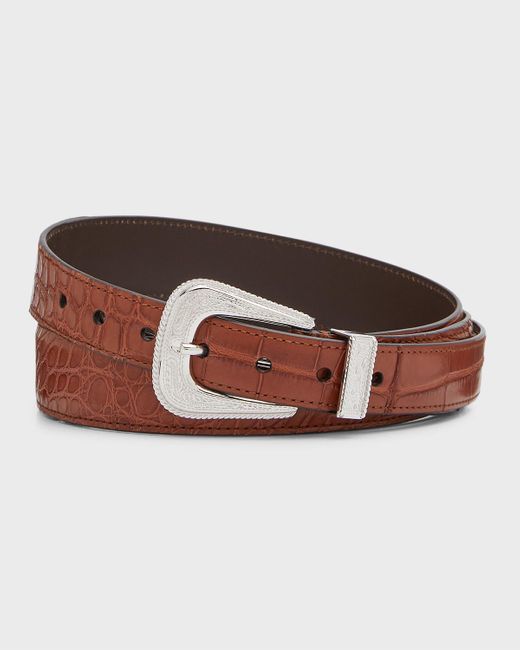 Brunello Cucinelli Brown Western Buckle Croc Leather Belt for men