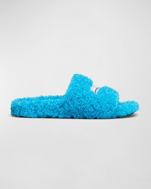 Balenciaga Blue Furry Logo Slide Sandals for men