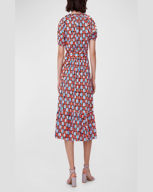 Diane von Furstenberg Red Lindy Geometric-Print Puff-Sleeve Midi Dress