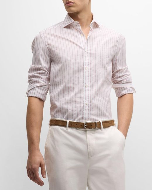 Brunello Cucinelli Gray Hairline Striped Oxford Button-Down Shirt for men