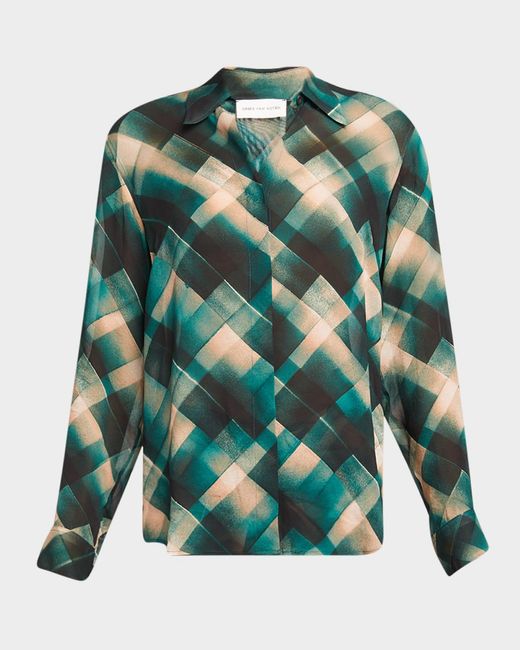 Dries Van Noten Green Chowy Plaid Button-Front Blouse