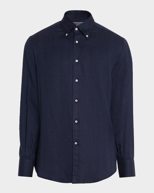 Brunello Cucinelli Blue Micro-Chevron Button-Collar Sport Shirt for men