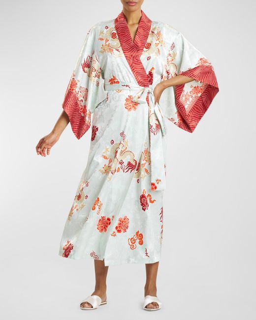 Natori White Kimono-Sleeve Dragon Jacquard Satin Robe