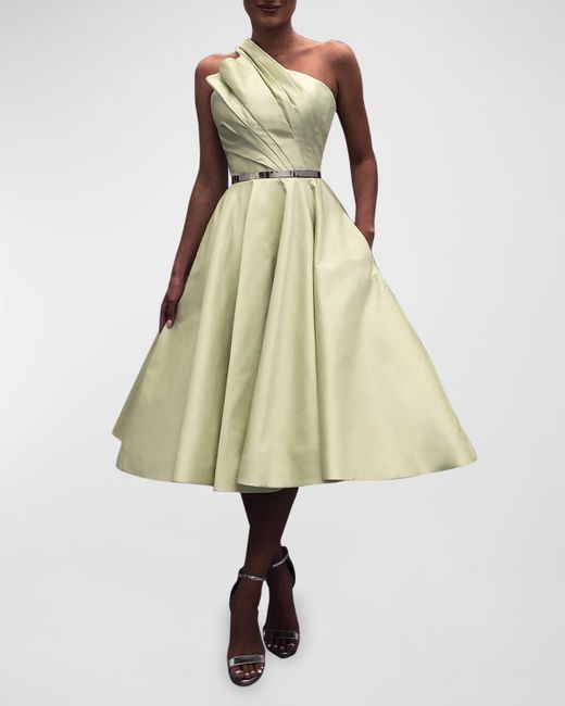 Romona Keveza Natural Pleated One-Shoulder Fit-&-Flare Silk Midi Dress