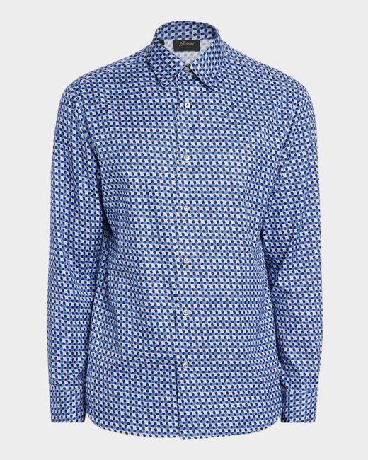 Brioni Blue Geo Print Button Down Shirt for men
