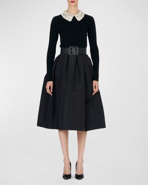 Carolina Herrera Black High-Waist Pleated Full Midi Skirt
