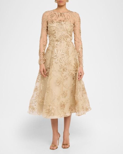 Naeem Khan Metallic Raffia Embroidered Long-Sleeve Illusion Midi Dress in  Natural | Lyst