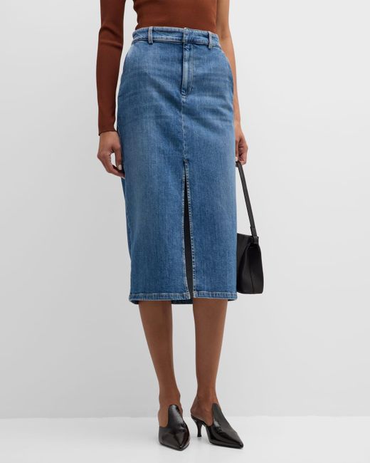 Marella Blue Cast Front-Slit Straight Denim Midi Skirt