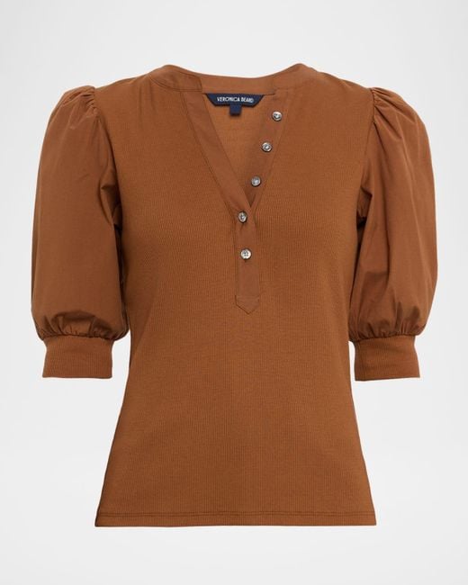 Veronica Beard Brown Coralee Puff Sleeve Button-Front Top