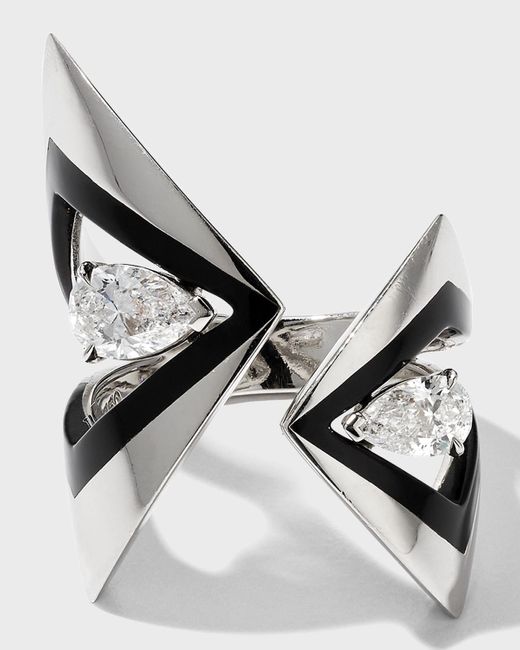 Etho Maria Metallic Platinum Ring With Diamonds And Black Ceramic, Size 6.5