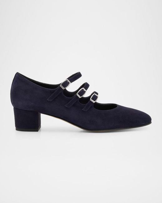 CAREL PARIS Blue Kina Suede 3-Strap Mary Jane Pumps