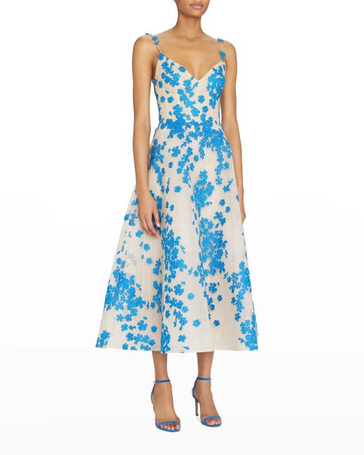 Monique Lhuillier Blue Floral-embroidered Tulle Midi Dress