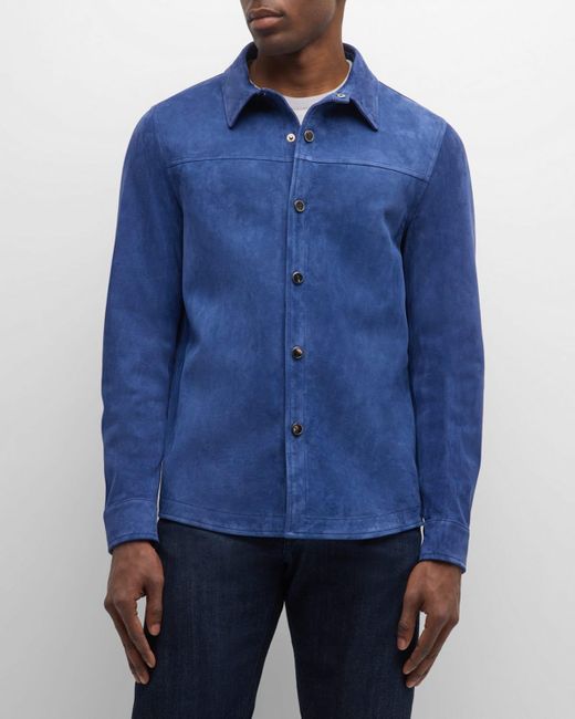 Isaia Blue Suede Overshirt for men