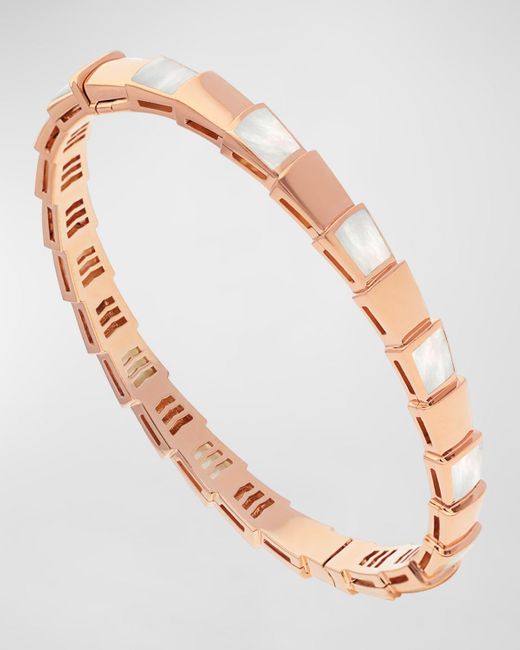 BVLGARI White Serpenti Thin Bangle In 18k Rose Gold And Mother-of-pearl, Size S