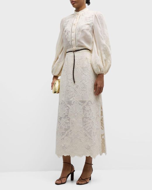 Zimmermann Natural Ottie Embroidered Midi Skirt