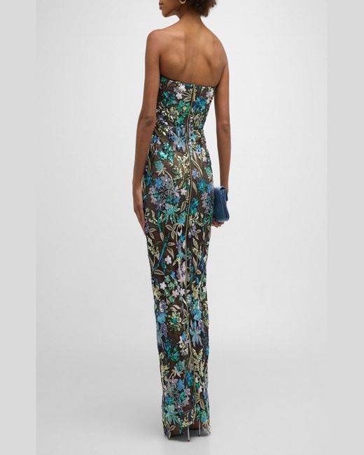 Bronx and Banco Green Dahlia Strapless Floral-Embroidered Column Gown