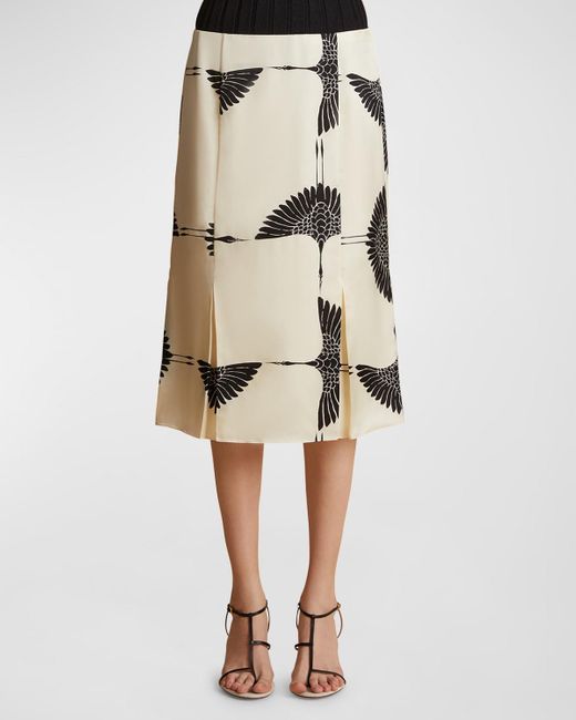 Khaite Natural Levy Bird-Print Pleated Midi Skirt
