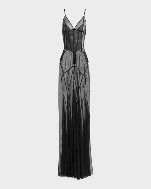 Dolce & Gabbana Black V-Neck Sleeveless Sheer Tulle Corset Godet Maxi Dress