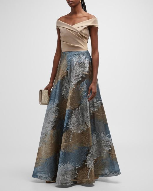 Teri Jon Gray Off-shoulder Metallic Jacquard Gown