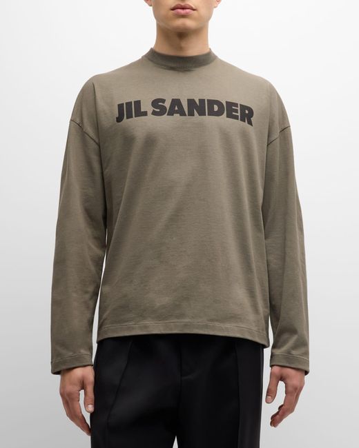 Jil Sander Gray Logo-Print Cotton Crewneck Long-Sleeve T-Shirt for men