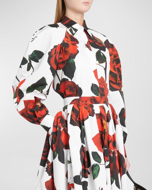 Alexander McQueen Red Floral-Print Slash-Cutout Cocoon Shirt
