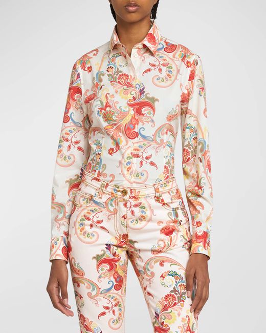 Etro Red Paisley Deco Cotton Fitted Button-Down Shirt